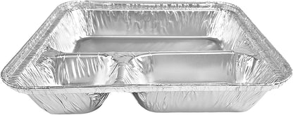 PACTOGO Large 3-Compartment Oblong Aluminum Foil Take-Out Pan Senior Feeding TV Dinner Entrée Tray w/Board Lid (Pack of 10 Sets)