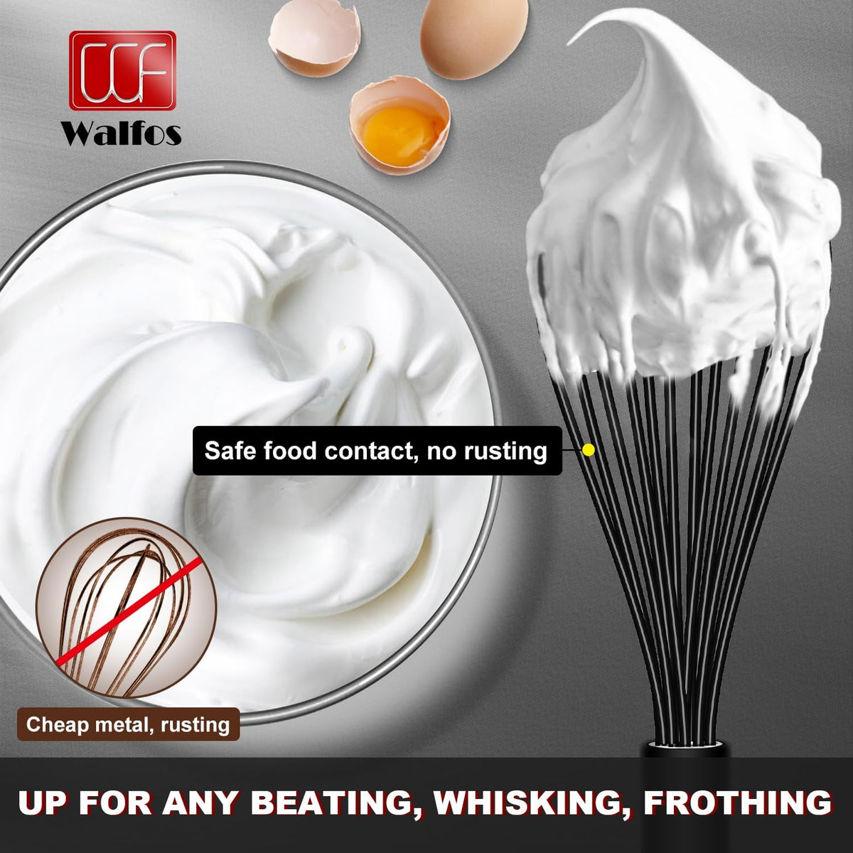 Walfos Silicone Whisk,Stainless Steel Wire Whisk -Heat Resistant 480°F Kitchen Whisks for Non-stick Cookware,Balloon Egg Beater Perfect for Blending,Whisking,Beating,Frothing & Stirring,Black