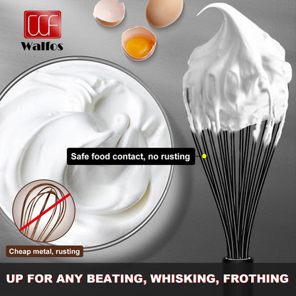 Walfos Silicone Whisk,Stainless Steel Wire Whisk -Heat Resistant 480°F Kitchen Whisks for Non-stick Cookware,Balloon Egg Beater Perfect for Blending,Whisking,Beating,Frothing & Stirring,Black