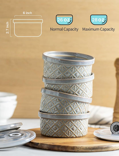 Airtight Food Storage Containers with Lids Mixing Bowls Set, Ceramic Serving Bowls with Lids Set of 4, 12/16/28/40 oz Stackable Nesting Salad Bowls for Cooking, Baking, Ramen - Beige