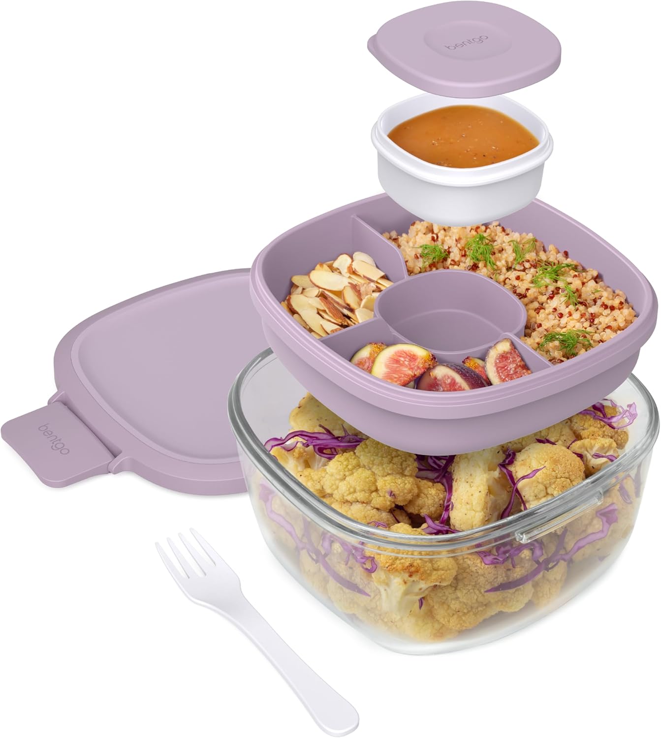 Bentgo Glass Salad Container - 7.6-Cup Salad Bowl with Airtight Lid, Leak-Proof Sauce Container, 4-Compartment Bento Tray & Reusable Fork - BPA-Free for Meal Prep, Office & More (Light Blue)
