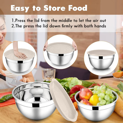 E-far Mixing Bowls with Lids Set of 5, Stainless Steel Mixing Bowls Metal Nesting Bowls with Airtight Lids, Non-toxic & Dishwasher Safe, Great for Cooking, Baking, Serving - Size 0.7/1/1.5/3/4.6QT