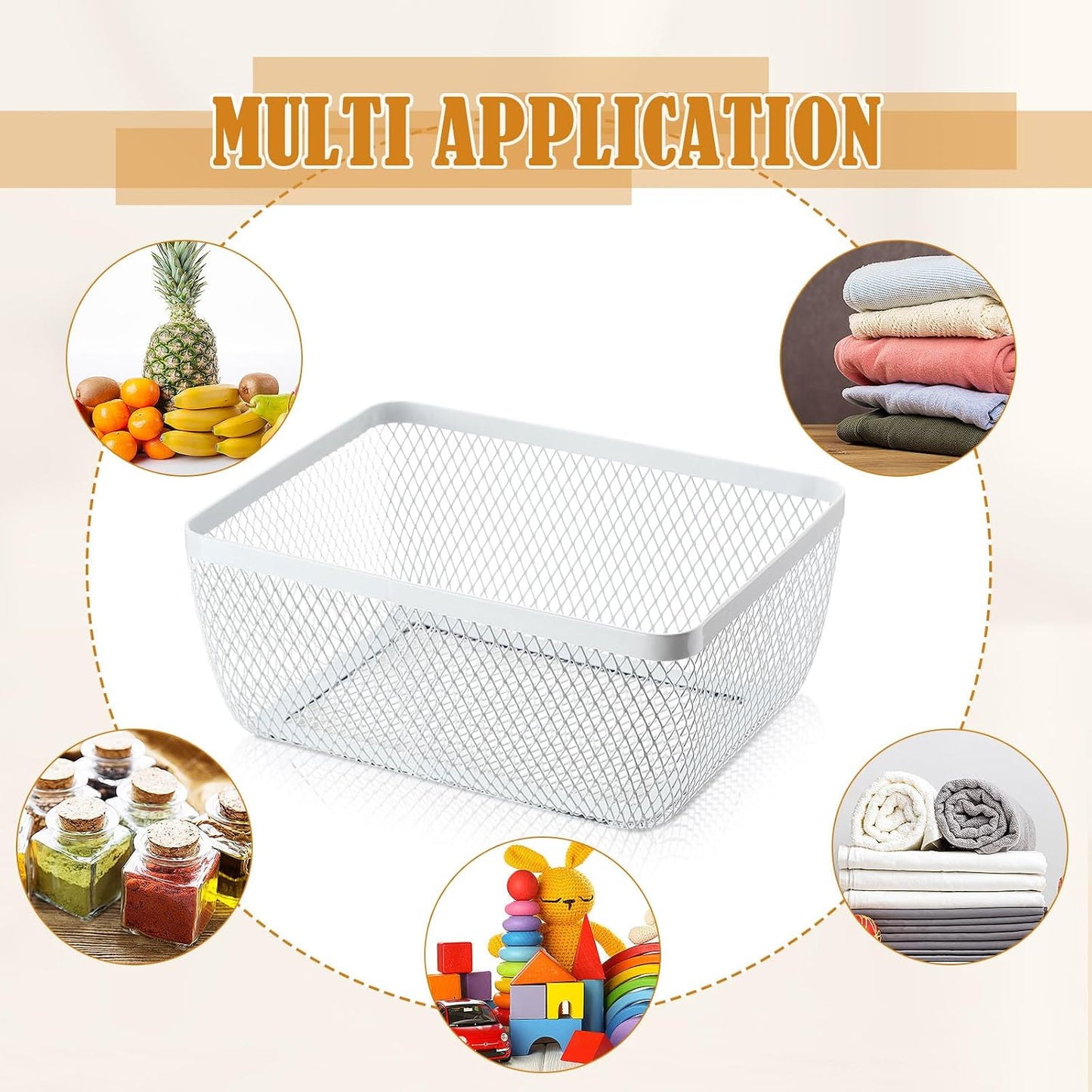 Tandefio 4 Pcs Metal Mesh Basket with Lid and Wooden Handle 9.65 x 7.68 Inch Wire Storage Basket Garden Baskets Organizer Containers for Vegetable Fruit Picnic Kitchen Bathroom (White)