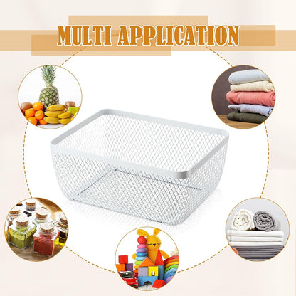 Tandefio 4 Pcs Metal Mesh Basket with Lid and Wooden Handle 9.65 x 7.68 Inch Wire Storage Basket Garden Baskets Organizer Containers for Vegetable Fruit Picnic Kitchen Bathroom (White)