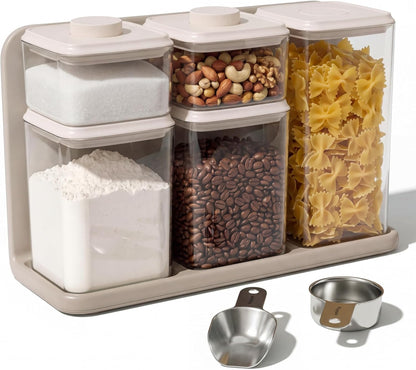 SMIRLY 8-Pcs Airtight Food Storage Containers Set with Countertop Organizer,One-Press Air Tight Pantry Storage Containers, BPA-Free ABS,Stainless Steel Spoon & Scoop for Cereal, Flour, Sugar -white