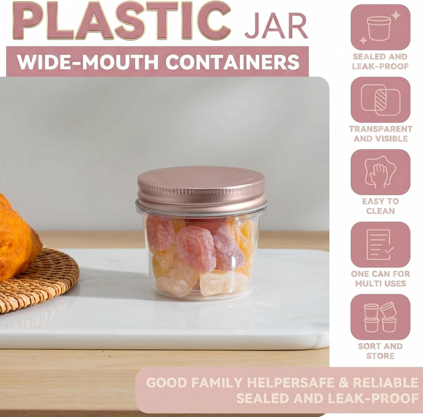 novelinks 4 oz Small Plastic Jars with Lids, 40 Pack Mini Plastic Mason Jars with Lids 4oz, Craft Storage Containers & Canning Jars & Small Spice Jars for Kitchen Organization (40 Pack,Black)