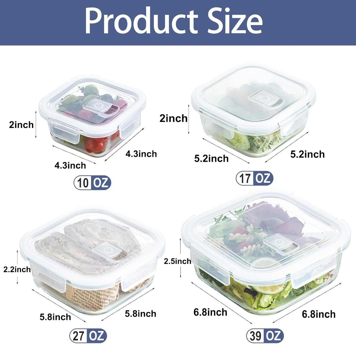Airtight Glass Food Storage Containers with Lids (4-Piece Set) - Leakproof BPA-Free Glass Containers for Soup, Leftovers, Meal Prep, Office Lunch - Microwave, Dishwasher & Freezer Safe