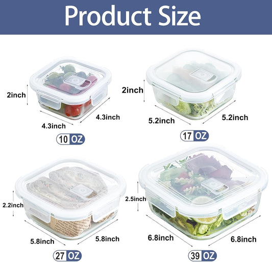 Airtight Glass Food Storage Containers with Lids (4-Piece Set) - Leakproof BPA-Free Glass Containers for Soup, Leftovers, Meal Prep, Office Lunch - Microwave, Dishwasher & Freezer Safe