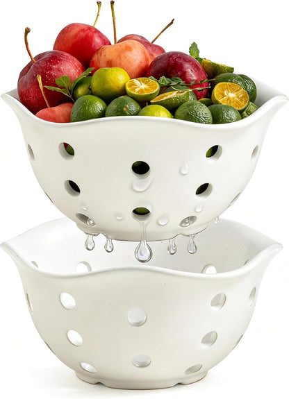 Gomakren Berry Bowls with Holes Ceramic, Berry Washing Bowl Basket Set of 2, 5.8 Inch Round Fruit Bowl Storage Containers, Strawberry Baskets, Farmhouse Kitchen Decor, Yellow + Brown
