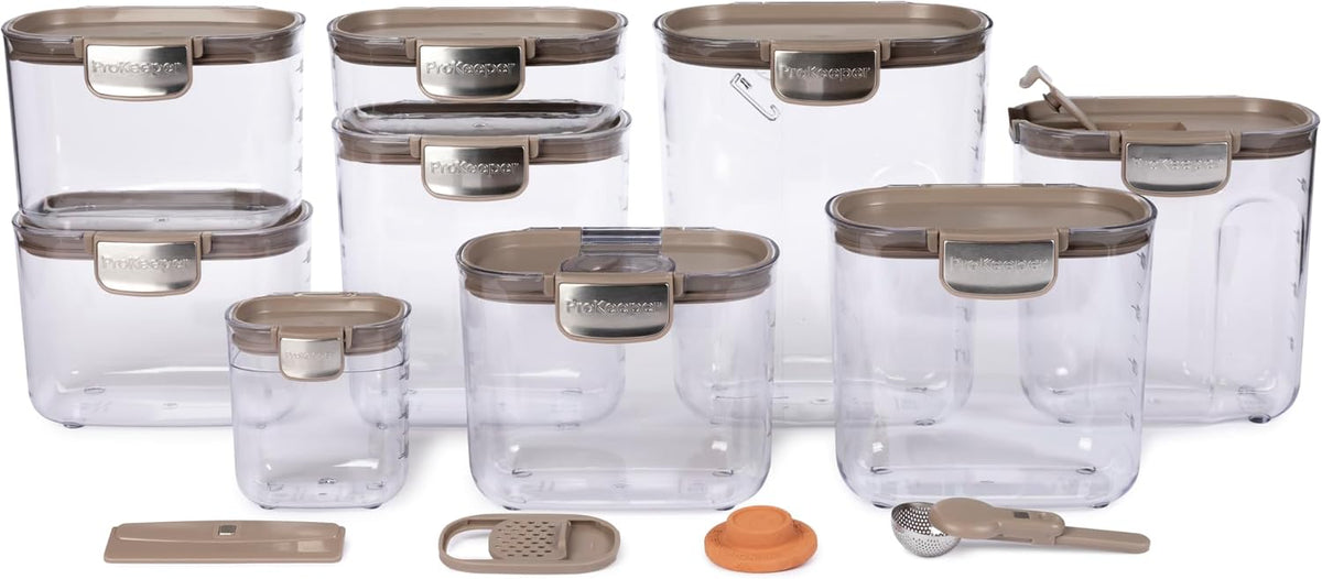 ProKeeper+ Airtight Food Storage Container Set – Clear Plastic Flour and Sugar Canister Set with Magnetic Accessories for Kitchen Organization (Grey, 9-Piece)