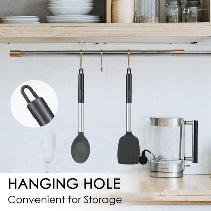 Kitchen Utensils Set of 2, Silicone Cooking Utensils, Turner/Spatula, Spoons - Heat Resistant, Nonstick Cookware, Dishwasher Safe, Black