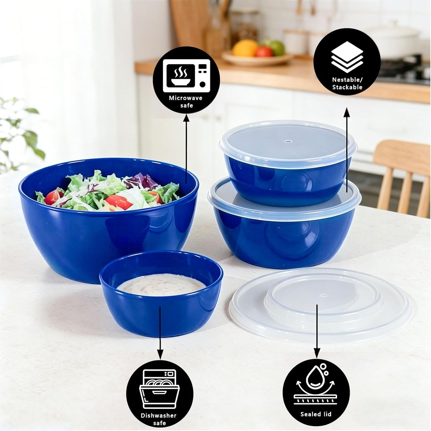 4-Piece Classic Plastic Prep Bowls with Lids, Nesting Plastic Small Mixing Bowl Set for Mixing, Baking, Prepping, Cooking and Serving Food, Microwave and Dishwasher Safe (Yellow)