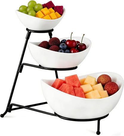 Gomakren 3 Tiered Oval Serving Bowl with Collapsible Metal Rack, Chip and Dip Serving Set, Dessert Appetizer Bowl Set (45oz / 17.5oz / 7oz), Serving Bowls For Mothers Day Entertaining (Gold Stand)