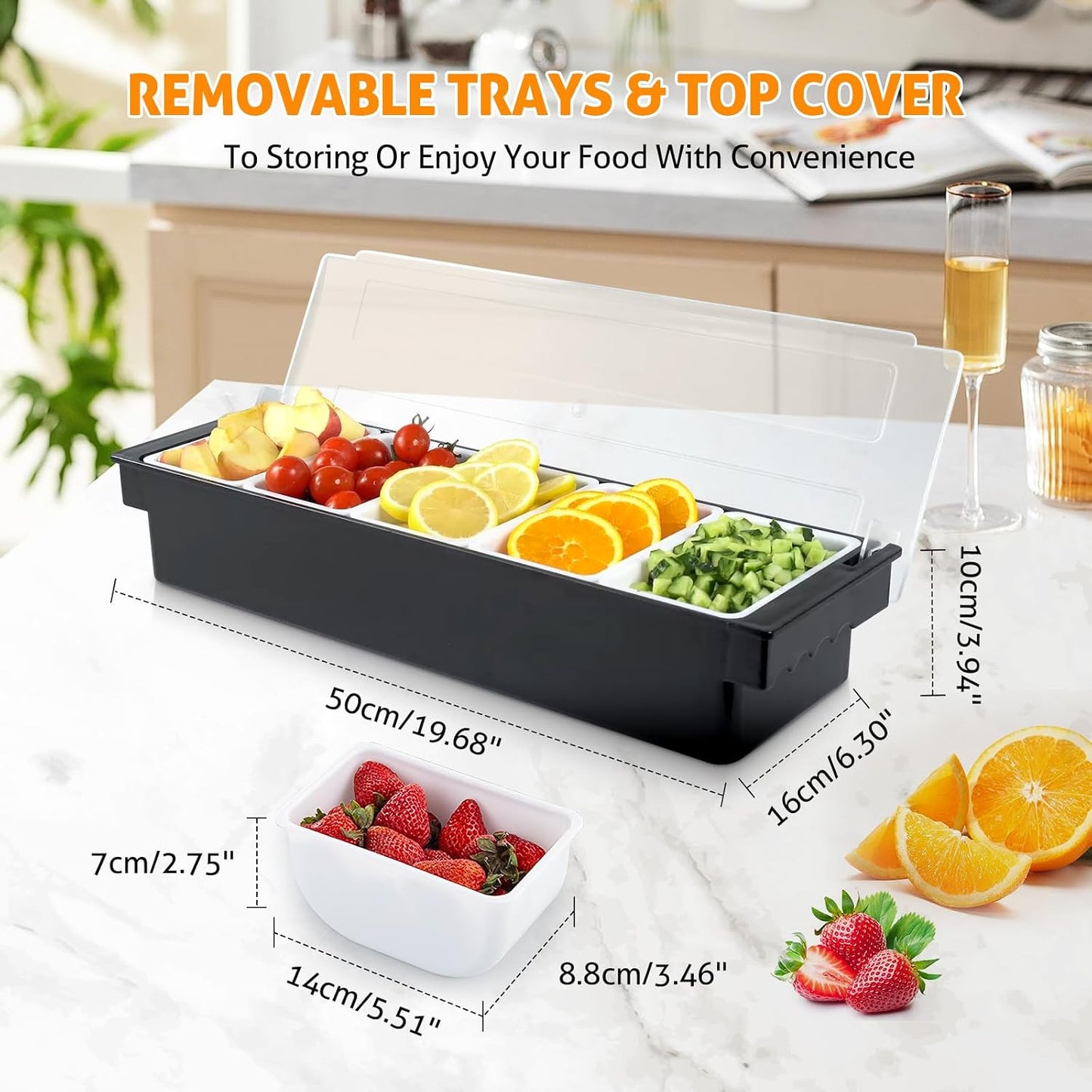 WICHEMI Fruit, Veggie & Condiment Caddy with Lid Dispenser Tray Plastic Garnish Station for Bartending & Serving Taco, Ice Cream, Salad Bar - Topping Organizer for Restaurant Supplies (3 Compartment)