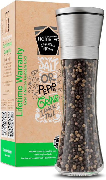 Home EC Premium Stainless Steel Sea Salt and Pepper Grinder Set of 2 - Adjustable Ceramic - Tall Glass Salt and Pepper Shakers - Kitchen Spice Mill W/Funnel & EBook