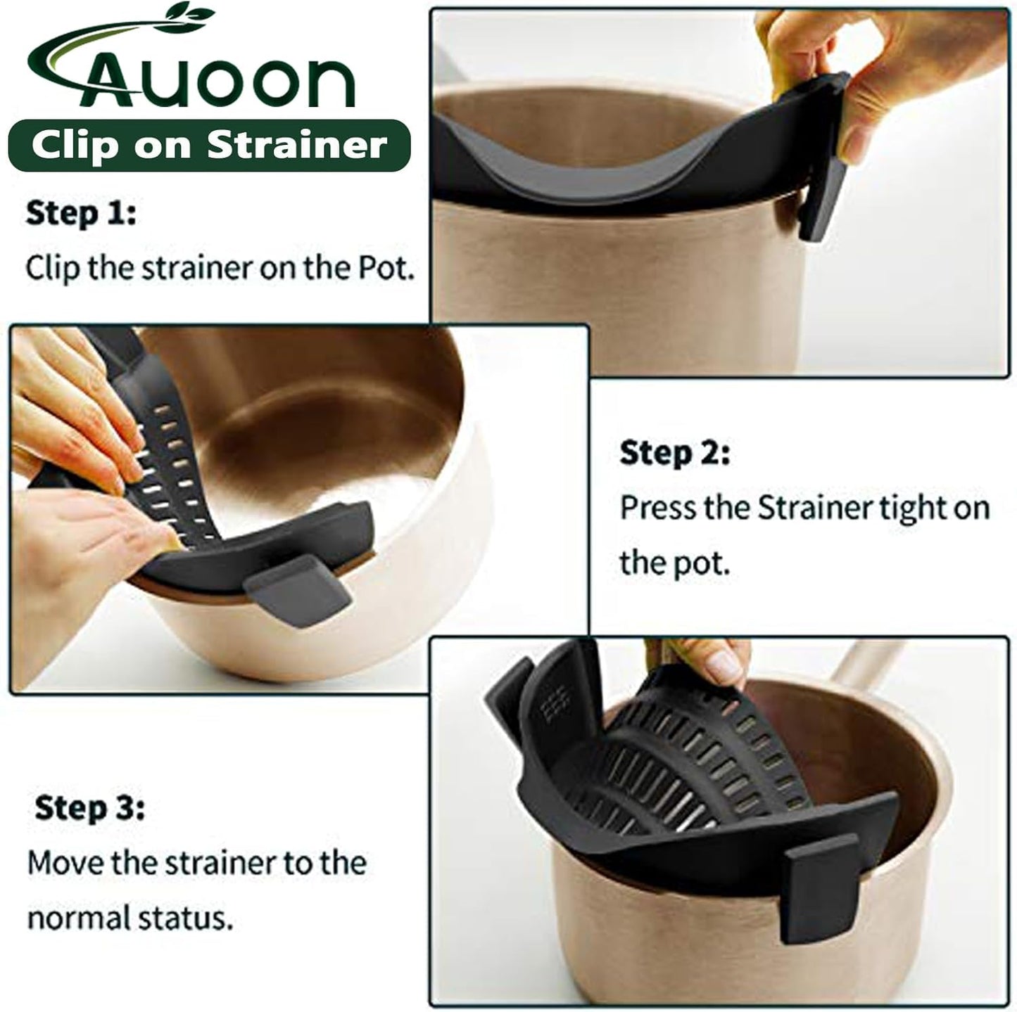 AUOON Clip On Strainer Silicone for All Pots and Pans, Pasta Strainer Clip on Food Strainer for Meat Vegetables Fruit Silicone Kitchen Colander