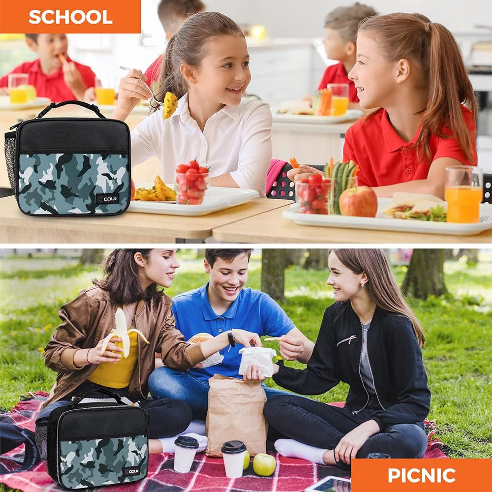 opux Insulated Lunch Bag Kids, Lunch Box for School Boy Girl, Leakproof Small Reusable Compact Soft Mini Cooler Bag, Toddler Small Lunch Boxes Kit Pail with Front Side Pockets (Purple)