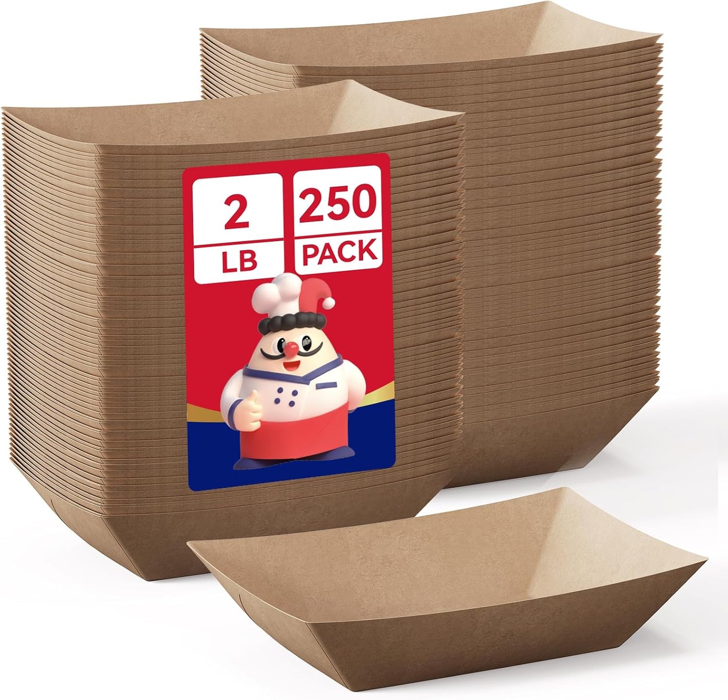 JOLLY CHEF 2lb Paper Food Trays, 100 Pack Disposable Paper Boat, Serving Boats, Food Holder Trays for Snacks French Fries Nachos Hot Dog Tacos BBQ Party