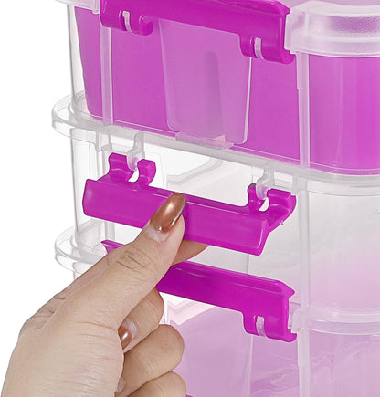 JUXYES 4-Tiers Plastic Stack Carry Storage Containers Box wih Handle Lids | Clear Stackable Latching Storage Bin With 2 Tray for School Office, Organizing Sewing, Art Craft, DIY Supplies, Blue