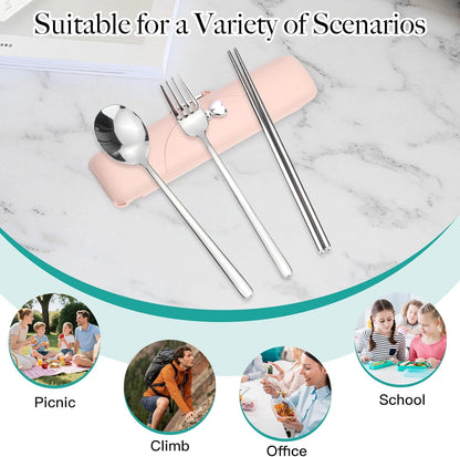 Travel Utensils with Case, Reusable Silverware Set for Lunch Box，Portable Cute Cutlery Set Adult, 18/8 Stainless Steel Spoon Fork Chopsticks for Work, Camping, Picnic, Dishwasher Safe（Pink）