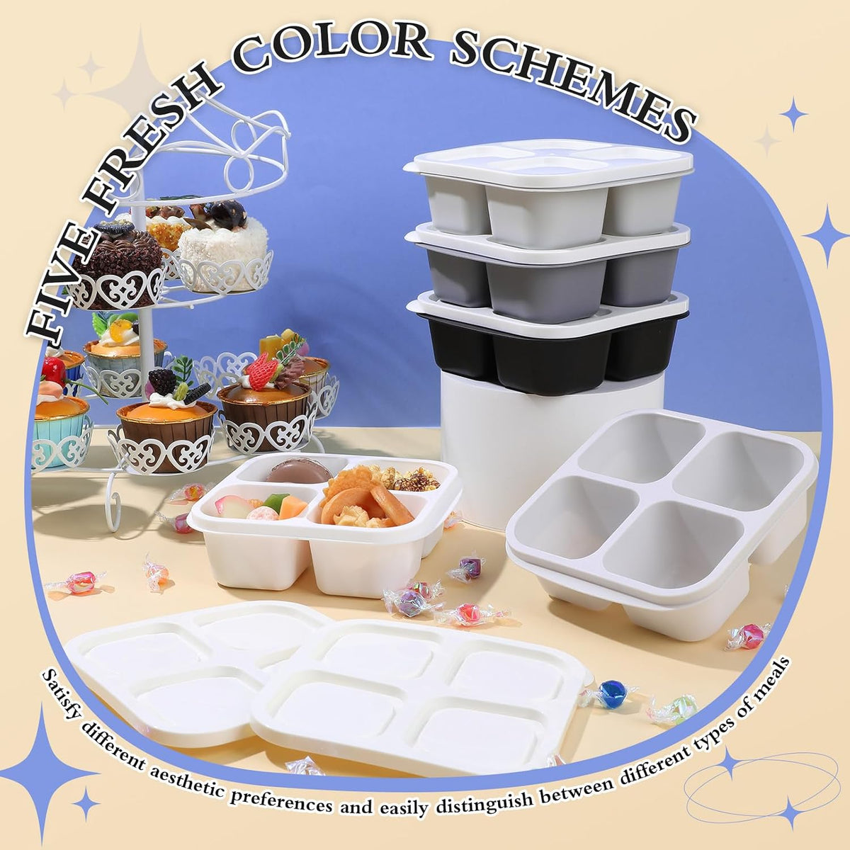 Honeydak 10 Pack Bento Snack Containers 4 Compartment Snack Boxes Reusable Containers with Lids Divided Meal Prep Lunch Food Storage Box for School Work Travel