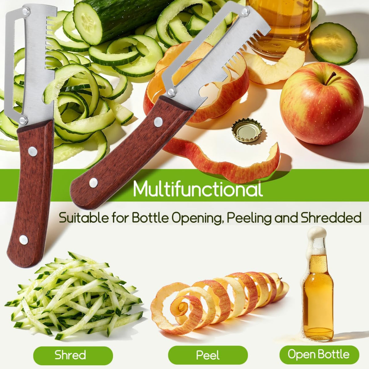 2pcs Vegetable Peeler Set - 2-in-1 Fruit and Potato Peeler with Bottle Opener, Stainless Steel Blade and Wooden Handle, for Food Prep - 7.48X1.50X0.67