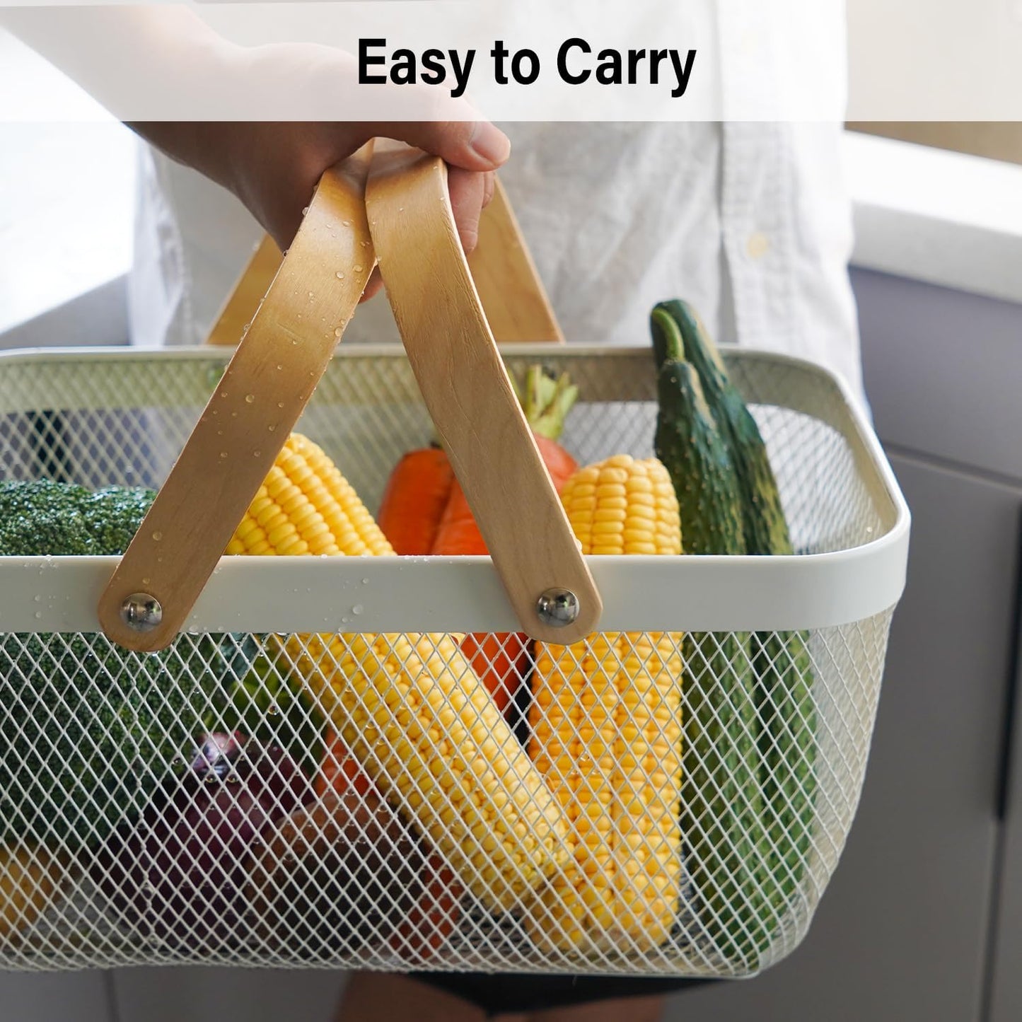 Metal Mesh Steel Harvest Basket, Rectangle Wire Garden Basket with Handle – Multi-functional Storage Organizer for Gathering Vegetables, Fruits, Kitchen, Garden, Picnic & Cabinet (Ivory)