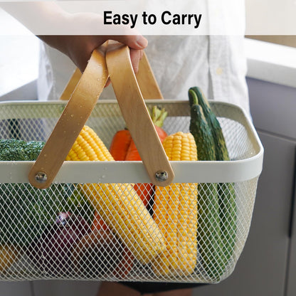 Metal Mesh Steel Harvest Basket, Rectangle Wire Garden Basket with Handle – Multi-functional Storage Organizer for Gathering Vegetables, Fruits, Kitchen, Garden, Picnic & Cabinet (Ivory)