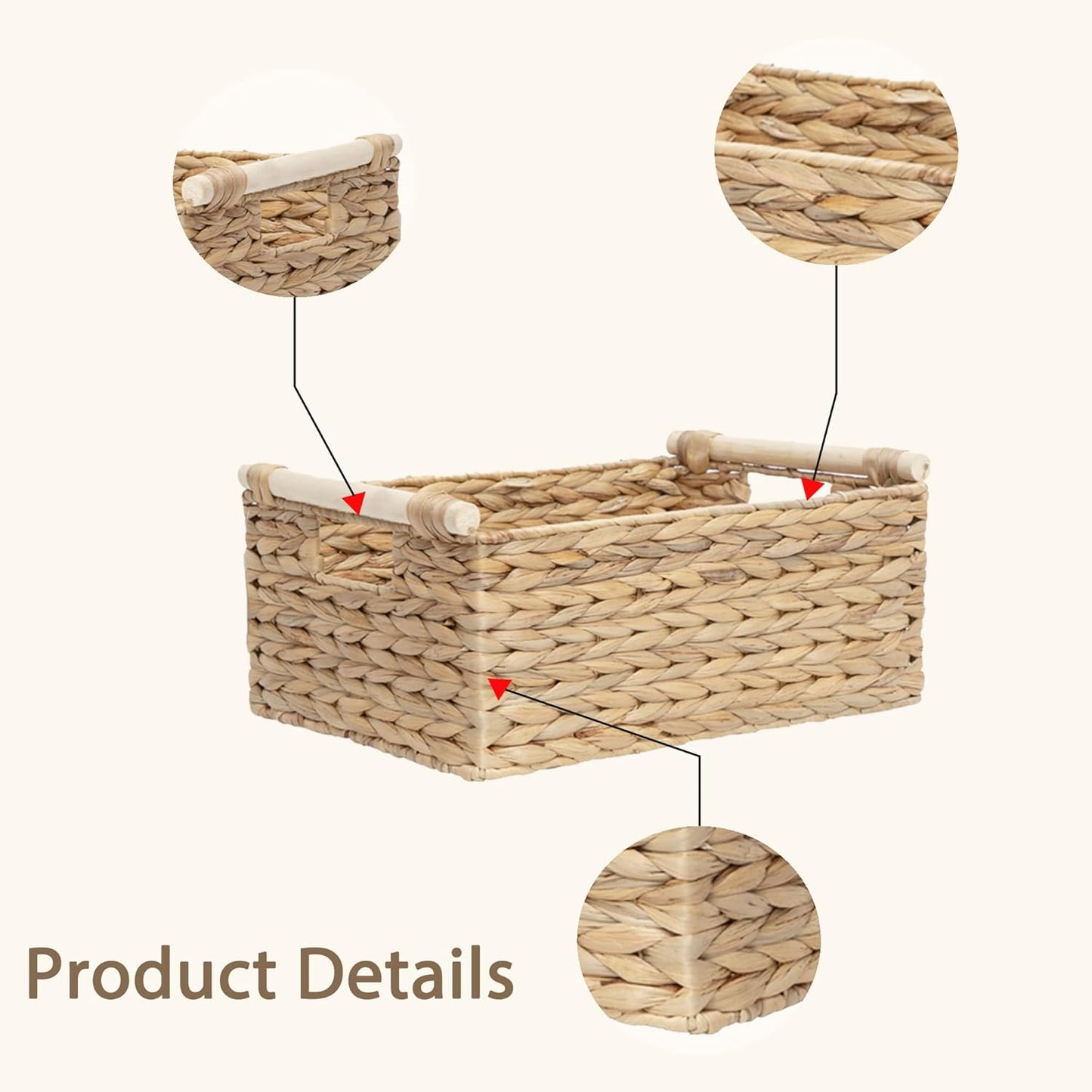 Water Hyacinth Wicker Storage Basket, Rectangular Handwoven Shelf Organizer with Wooden Handles for Pantry & Closet (Medium)