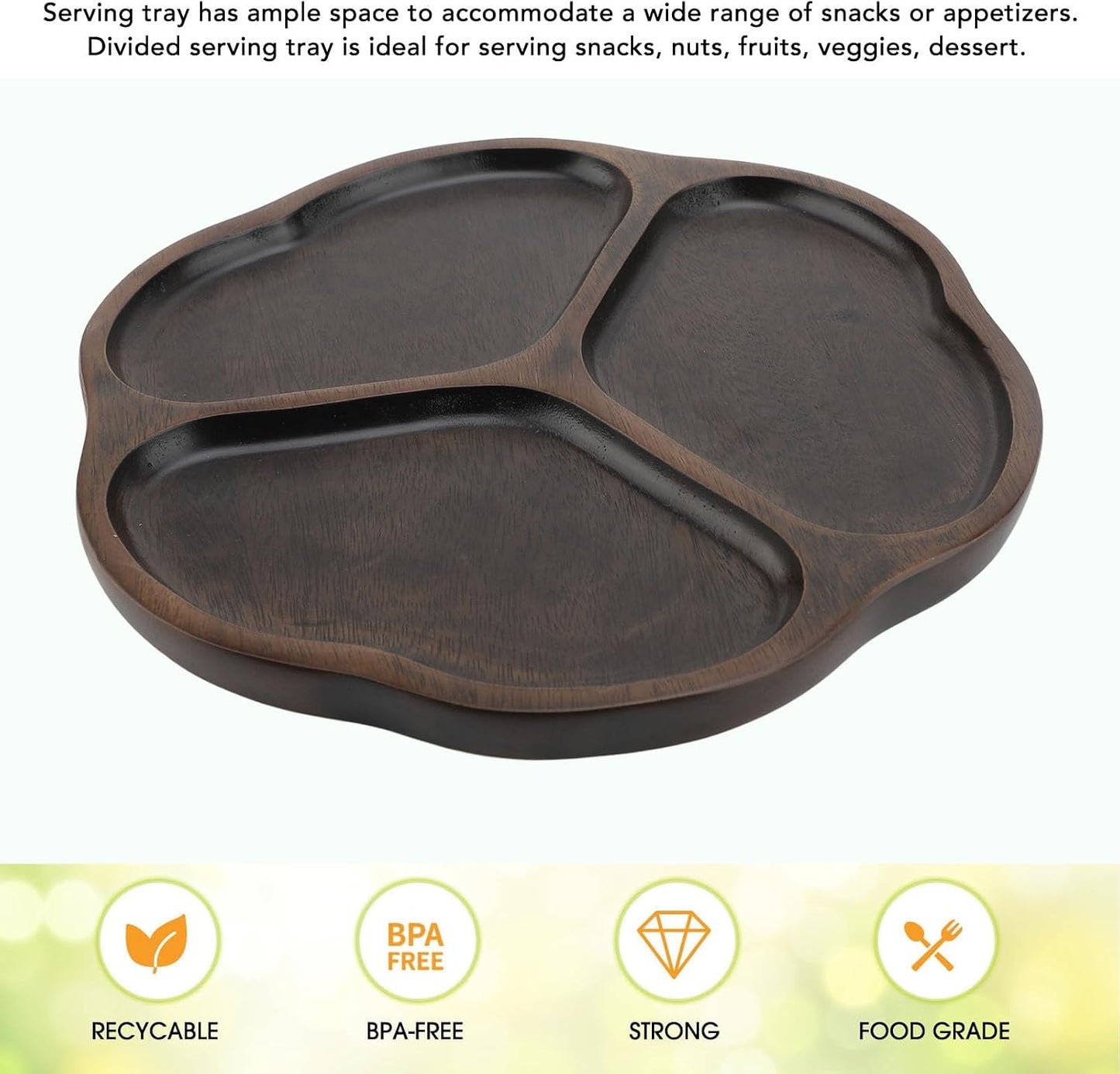 Divided Serving Tray, 3 Compartments Appetizer Snack Dishes Decorative Wooden Serving Platters Chip and Dip Tray for Snack Nut Fruit Veggie