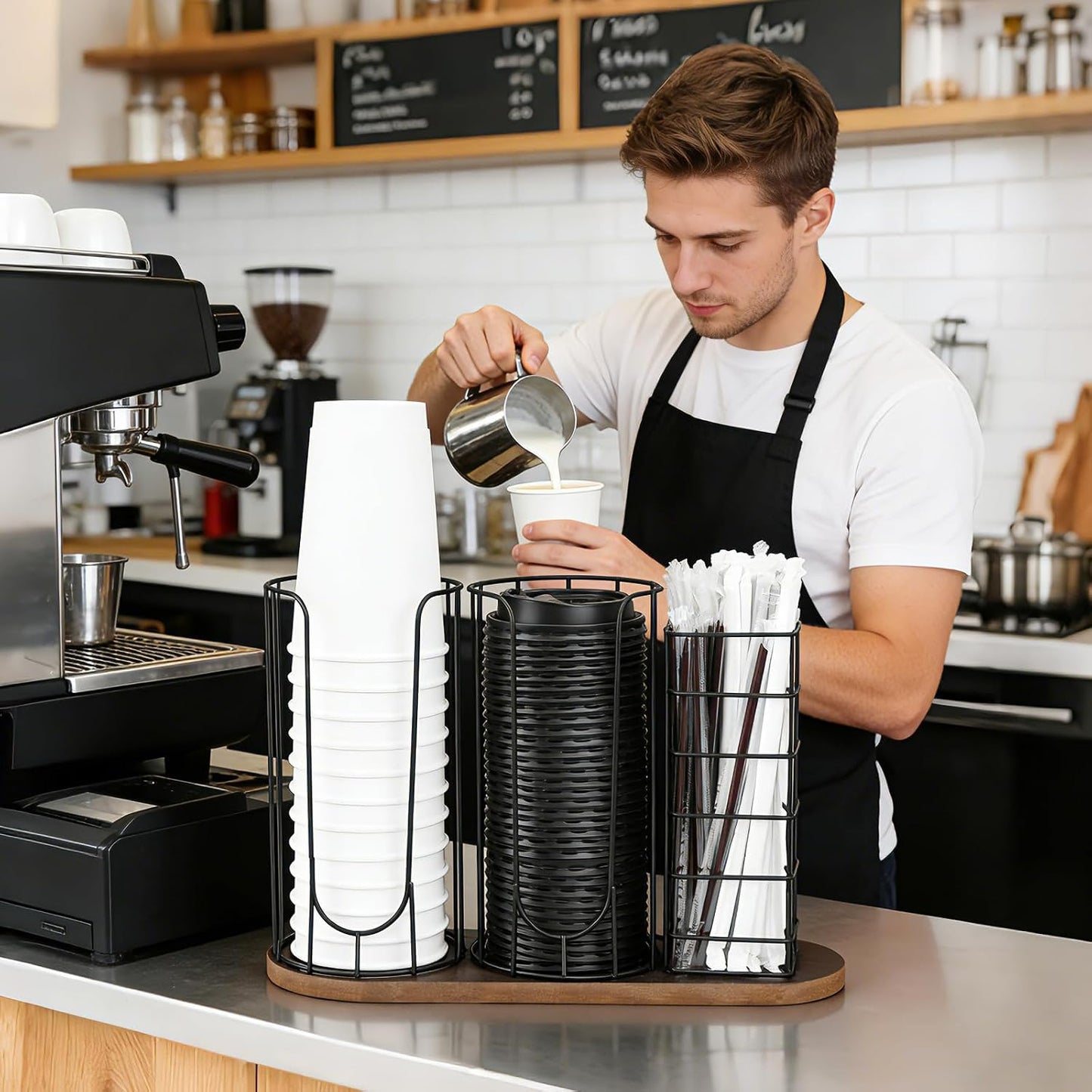 Coffee Cup and Lid Holder with Wooden Base, 3-Slot Coffee Station Organizer Dispenser for Paper Plastic Cups, Lids & Straws, U-Shape Metal Wire Coffee Bar Storage for Countertop, Office, Kitchen
