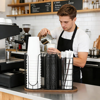 Coffee Cup and Lid Holder with Wooden Base, 3-Slot Coffee Station Organizer Dispenser for Paper Plastic Cups, Lids & Straws, U-Shape Metal Wire Coffee Bar Storage for Countertop, Office, Kitchen