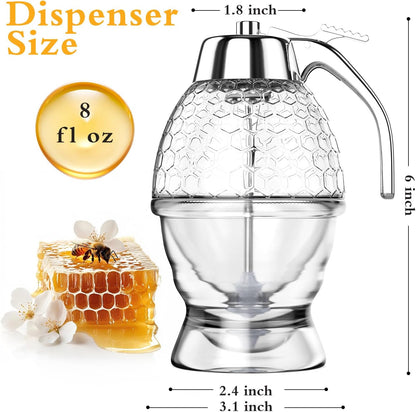 Honey Dispenser No Drip Glass 8 oz with Plastic Top, Beautiful Honeycomb Shaped Honey Jar with Stand - 6" Clear Container, Honey Pot, Maple Syrup Dispenser, Perfect Bee Decoration for Home Kitchen