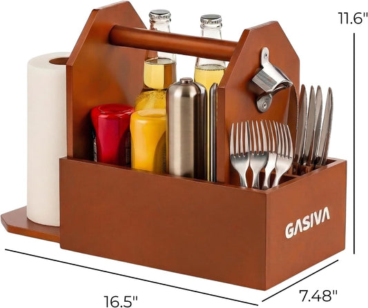 Grill Caddy for Outdoor Grill with Paper Towel Holder, Wooden BBQ Organizer for Utensils, Plates, Condiments and Silverware Rustic Picnic Table Caddy for Camping, Backyard Cooking and BBQ Accessories
