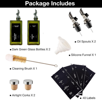Olive Oil Dispenser Bottle for Kitchen, 16.9oz /500ml Cooking Vinegar Dispenser Bottle Set, Glass Sauce Container, Labels, Brush, Funnel, Stoppers, Green for Oil, Wine