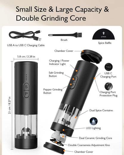 Electric Salt and Pepper Grinder Set, 2 in 1 Dual Bins USB Rechargeable