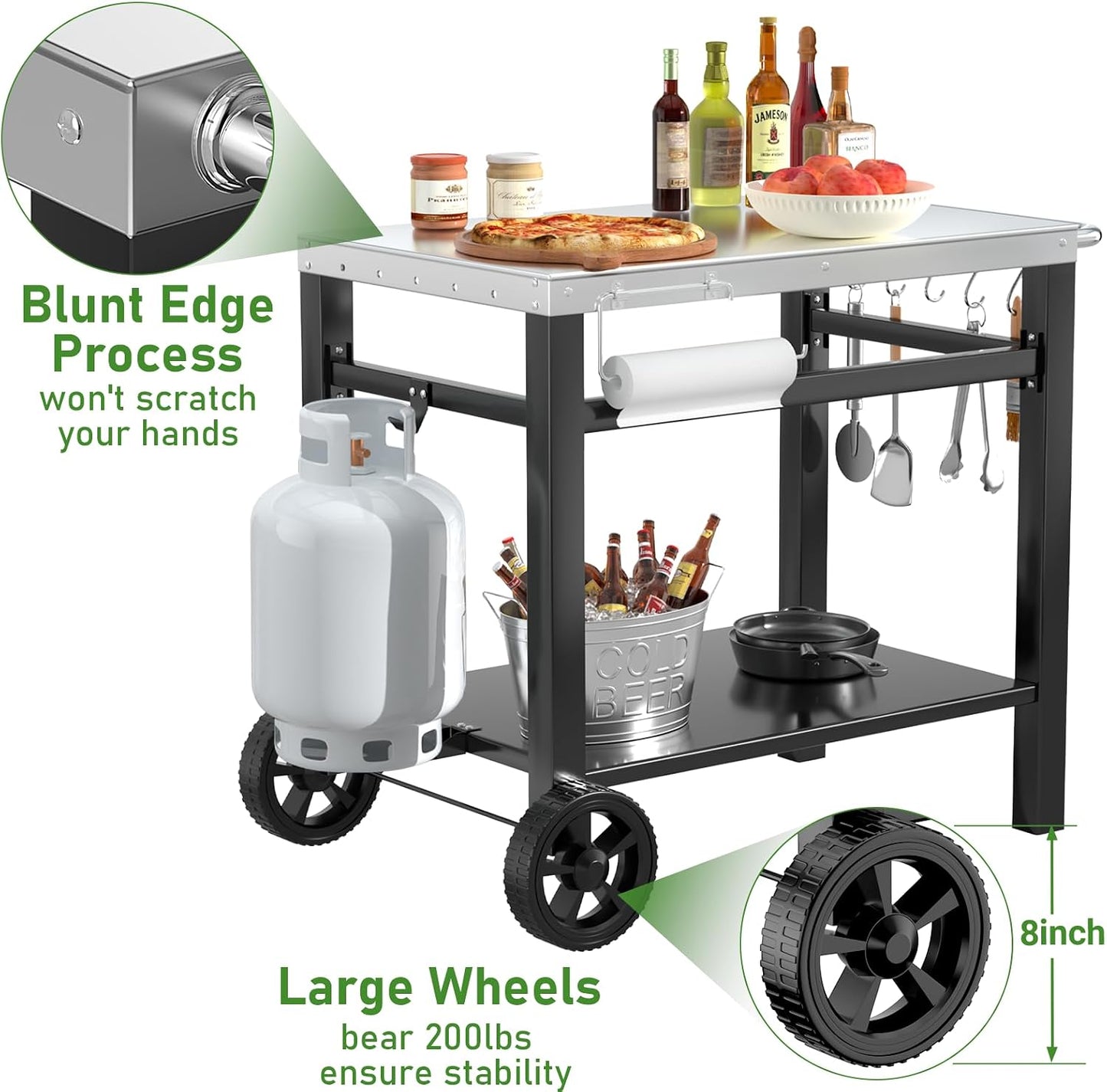 Upgraded Pizza Oven Cart Table for Ooni Koda/Karu/Fyra 16 & 12, Movable Thicken & Widen Rolling Kitchen Cart, Outdoor Grill Stand for Ninja Woodfire,Blackstone Griddle,Barbecue Tool Set