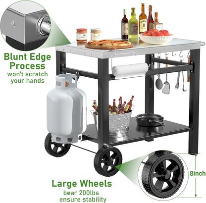 Upgraded Pizza Oven Cart Table for Ooni Koda/Karu/Fyra 16 & 12, Movable Thicken & Widen Rolling Kitchen Cart, Outdoor Grill Stand for Ninja Woodfire,Blackstone Griddle,Barbecue Tool Set