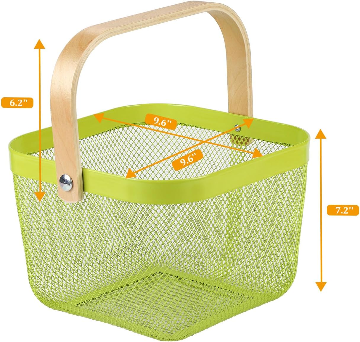 Coloful Metal Mesh Wire Basket with Foldable Wooden Handle,Bin Garden Fruit Vegetable Storage Hanging Harvest Holder for Kitchen Bathroom Picnic (Yellowish Green, Cuboid-15.7 x 9.5 x 7.2“)