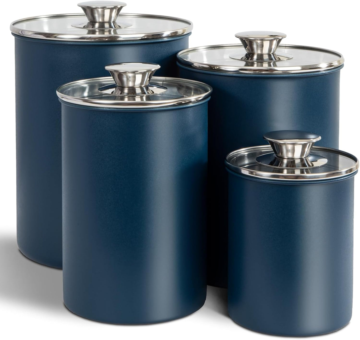 malmo Stainless Steel Food Canister Set of 4-Piece, 16/49/85/132 Ounces,Airtight Containers with Glass Lid for Tea,Coffee,Sugar,Flour,Pantry Kitchen Storage Storeroom Counter (Blue)
