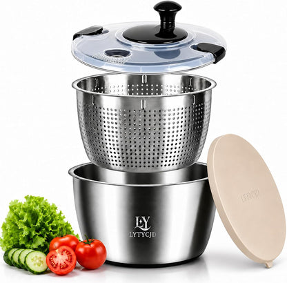 Large Salad Spinner 5.3 Qt with Stainless Steel Basket & Storage Lid, Black