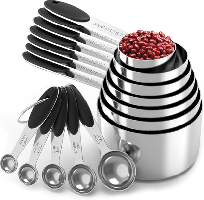 TILUCK Stainless Steel Measuring Cups and Spoons Set with Silicone Handle – Nesting Design for Space-Saving, Heavy Duty & Dishwasher Safe for Dry/Liquid Ingredients, Cooking & Baking (10)