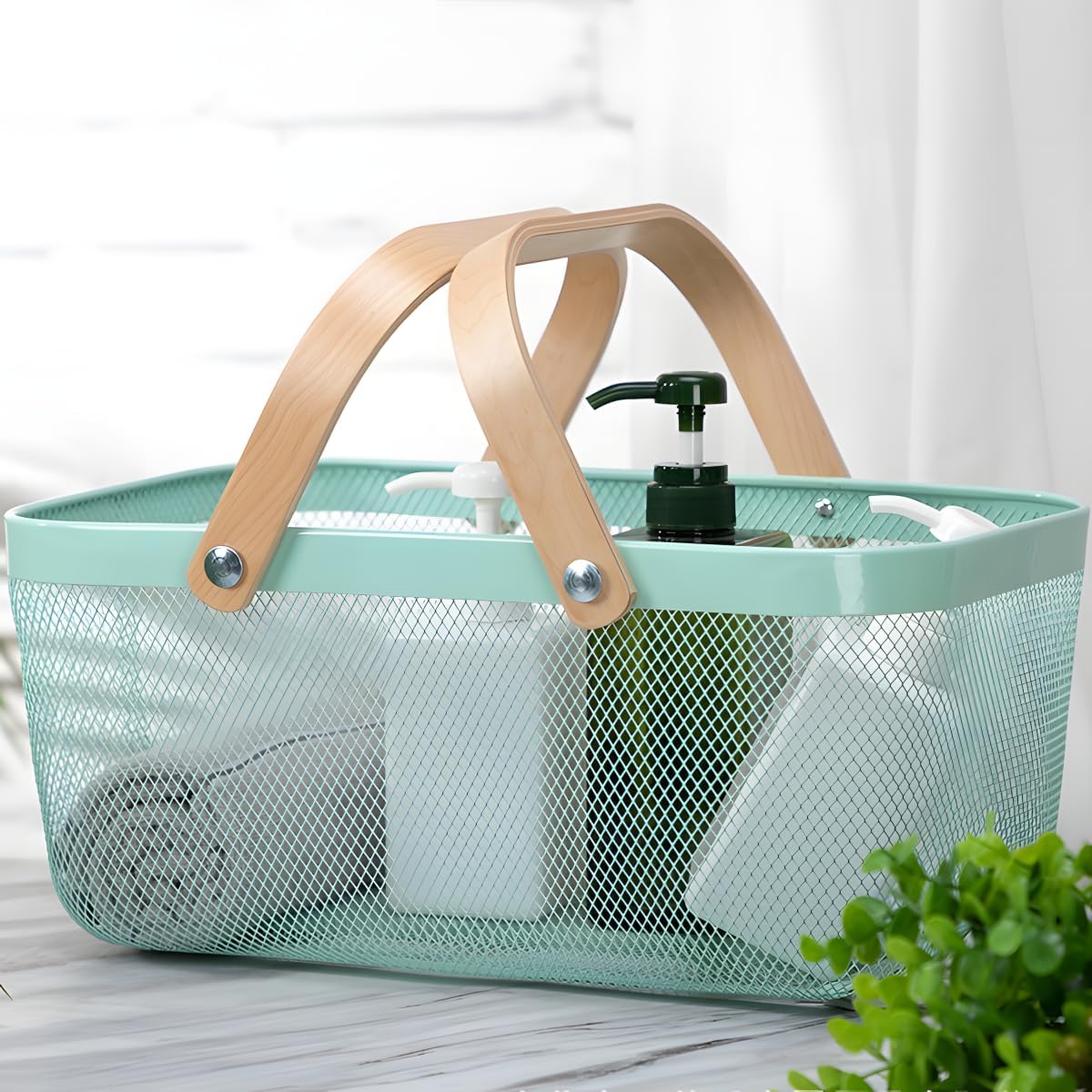 Portable Mesh Harvest Basket - Natural Bamboo Handle Foldable Organizer for Kitchen, Garden & Picnic | Ventilated Storage Bin with Rust-Proof Wire, Space-Saving Farmhouse Decor (Pink)