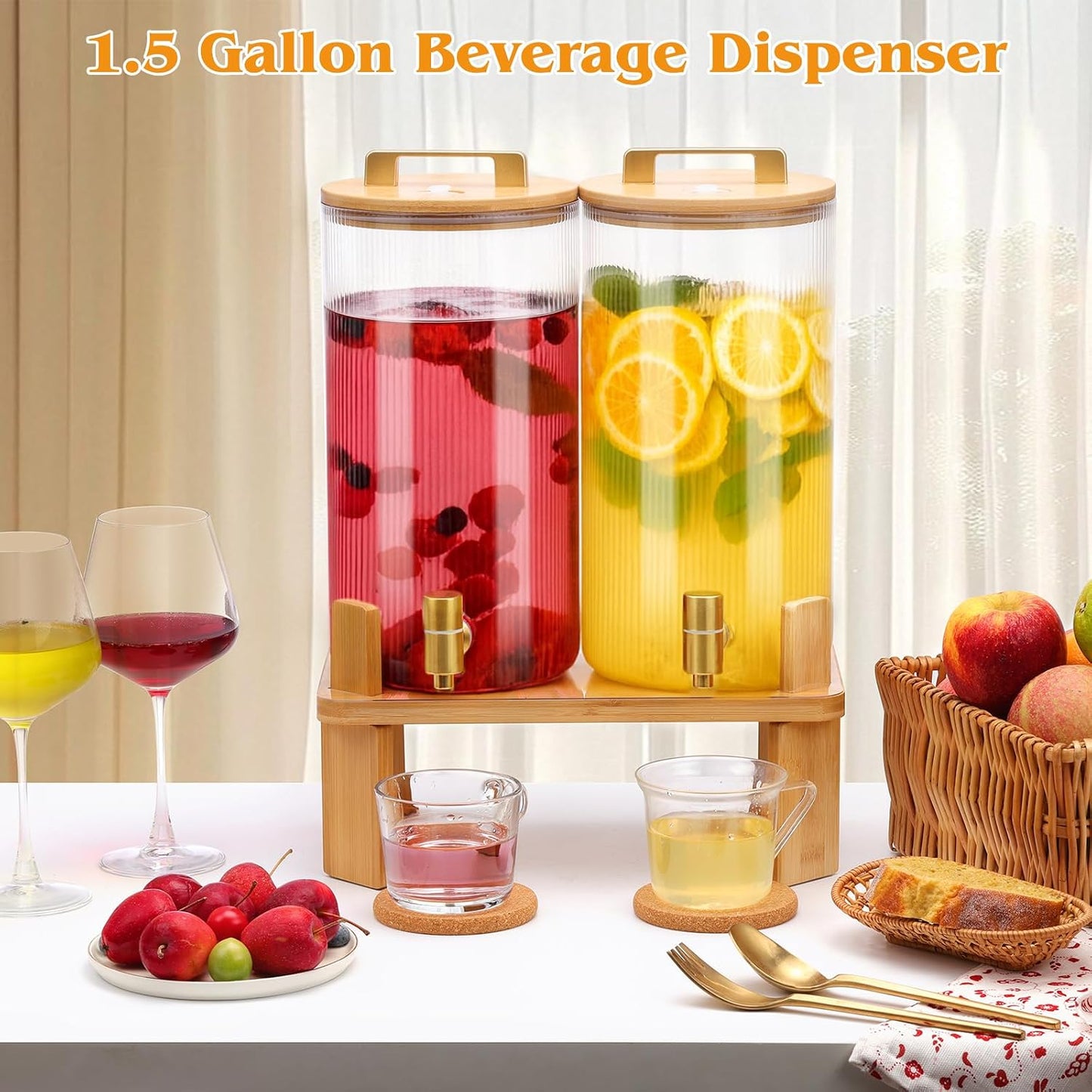 1.5 Gallon Glass Drink Dispensers for Parties, 2 PCS Beverage Dispenser With Wood Stand,Vertical Stripes Glass Lemonade Dispenser with Airtight Valve and Stainless Steel Spigot for Lemonade,Juice, Tea