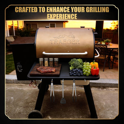 QuliMetal Folding Front Shelf for Traeger Pro 34, Texas Elite 34, Century 885 and Eastwood 34, 37" x 12" Heavy-Duty Grill Prep Table with Cutting Board, Stainless Steel Basin, Lid and 5 Hooks