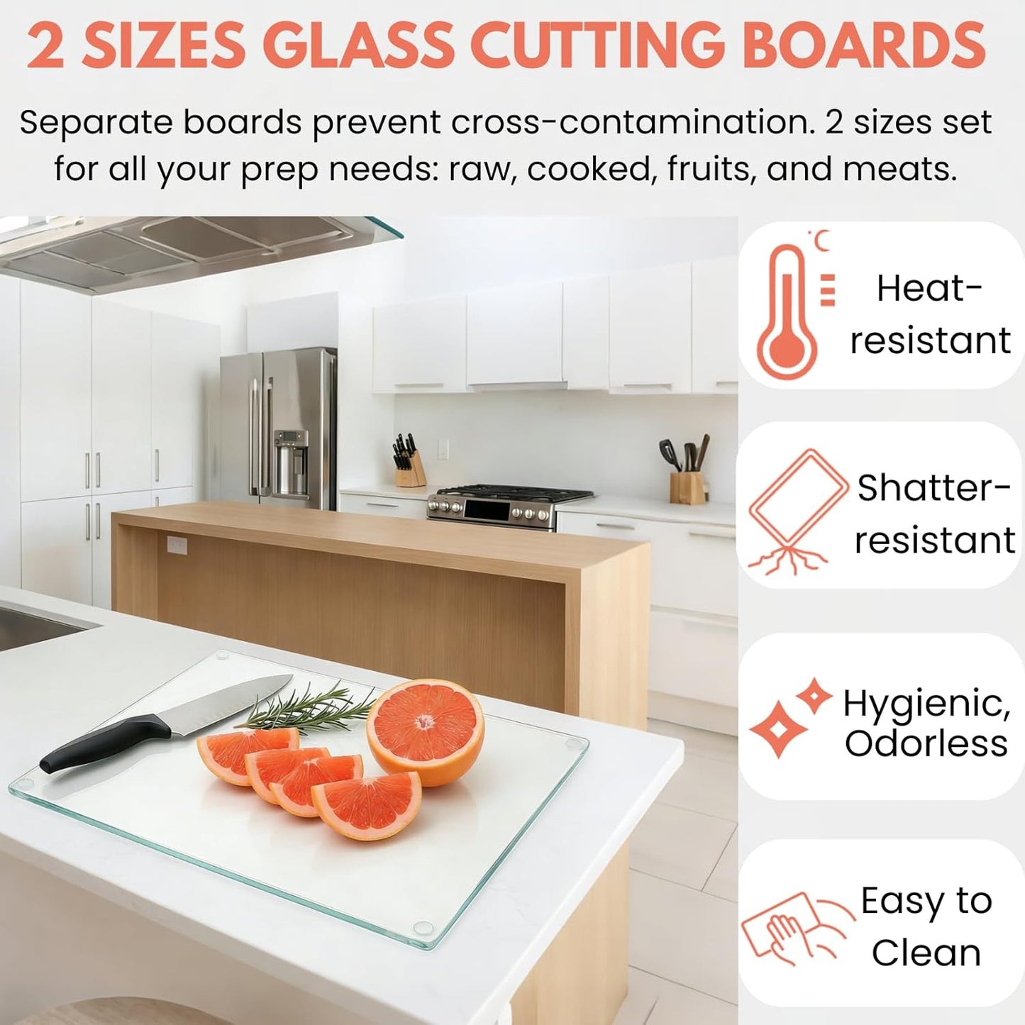 Hacaroa 4 Pack Tempered Glass Cutting Board with Rubber Feet, Rectangle Non-slip Chopping Board, Long Lasting Clear Glass Tray for Kitchen Countertop, Table, Shatter-Resistant, Heat-Resistant, 2 Size