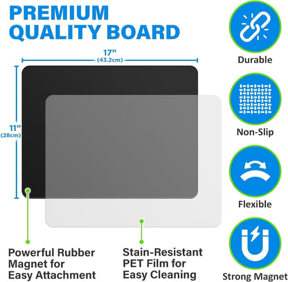 Magnetic Black Dry Erase Board for Fridge (12 x 8 inch), Stain-Resistant w/ 3 Magnetic, Fine-Tip Neon Chalk Markers & Eraser by Yes4Quality