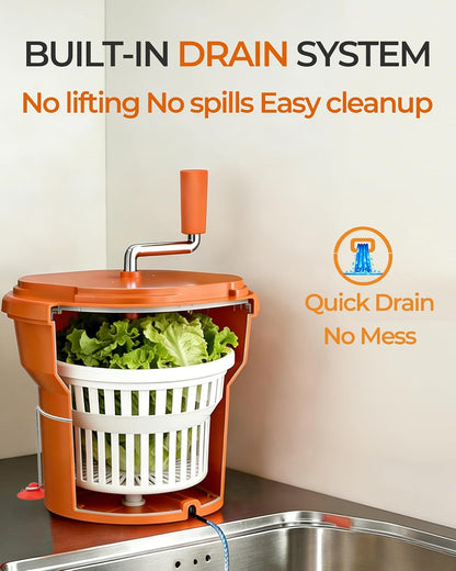 Commercial Salad Spinner - 6 Gallon Salad with Stand Dryer w/Draining Hose, 24Qt Manual Salad Spinner for up to 7 Heads of Lettuce Spinner Large for Catering