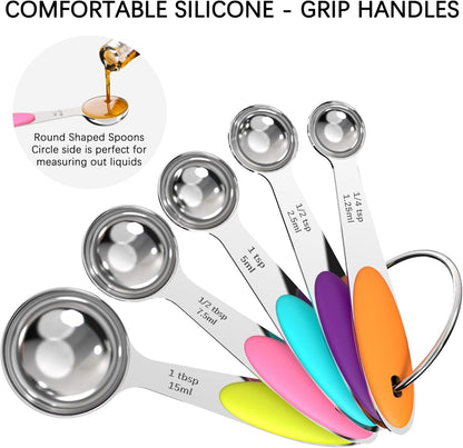 TILUCK Nesting Measuring Cups and Spoons Set, Stainless Steel with Soft Silicone Handle – Heavy Duty & Dishwasher Safe for Measuring Dry/Liquid Ingredients, Ideal for Cooking & Baking (10)