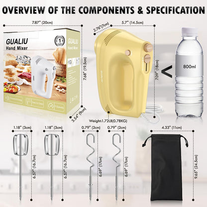 GUALIU Electric Hand Mixer, 304*(2* Beaters, 2* Dough Hooks), (1* Storage Bag) Handheld Mixer for Baking Cakes, Eggs, Cream Food Mixers, Turbo Boost /5 Speed Kitchen Blender PINK